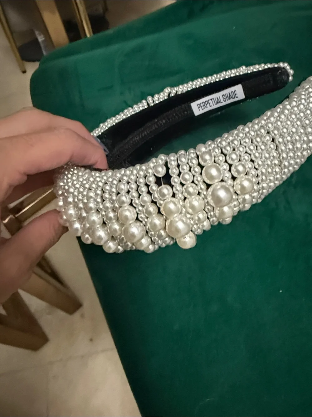Beaded Velvet & Pearl Padded Headband - Silver Pearlescent - NEVER WORN